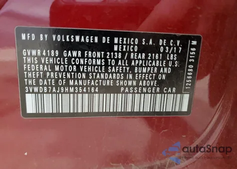 2017 Volkswagen Jetta Se z USA, uszkodzony, nr VIN 3VWDB7AJ9HM354164